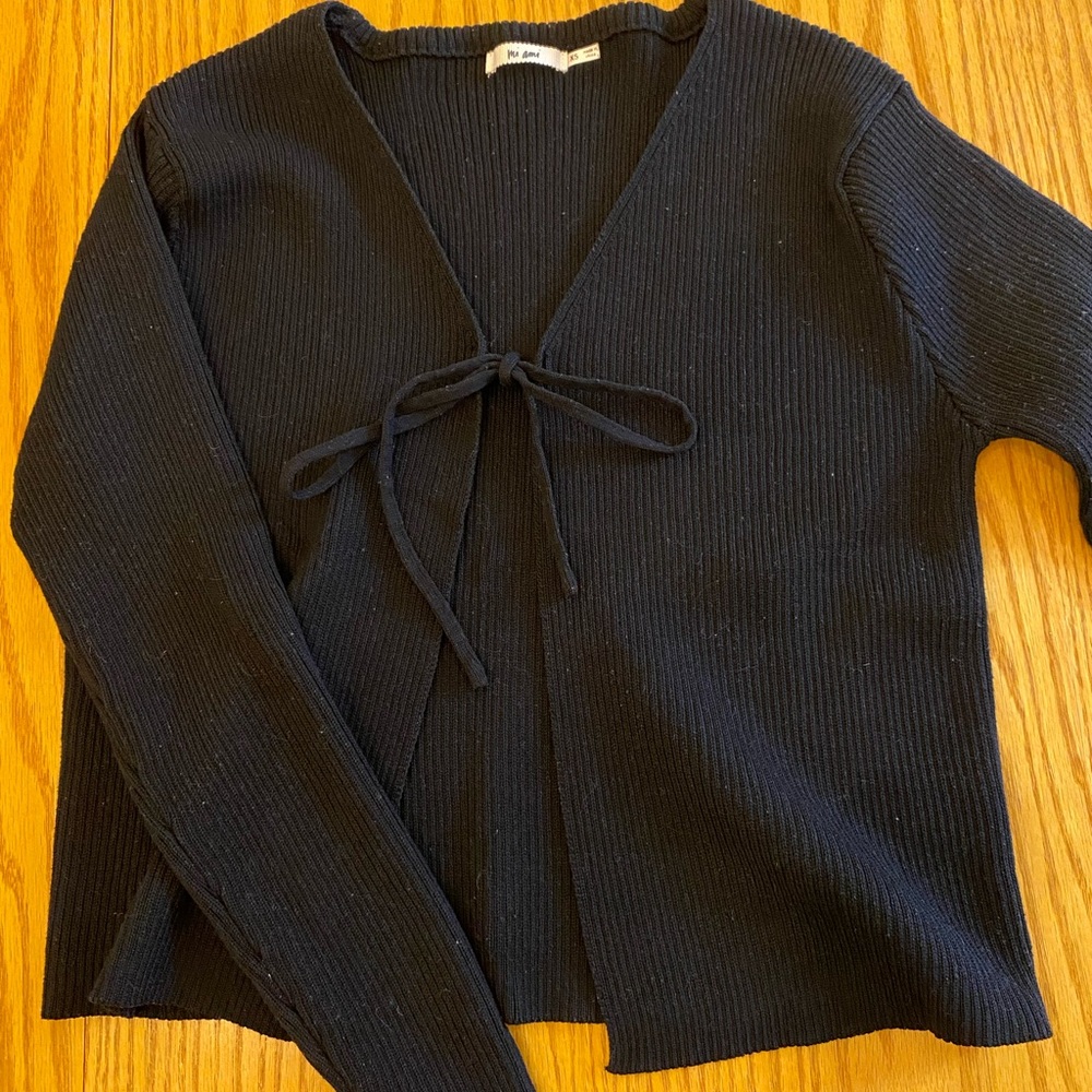 Black Ribbed Sweater with Tie Front